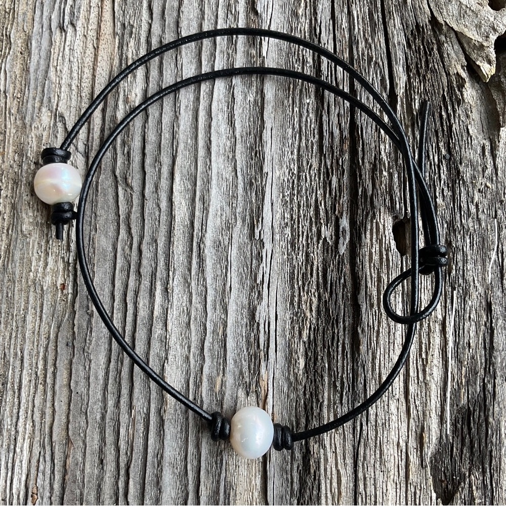 Single White Pearl Necklace, White Freshwater Pearl, #1 Black Leather Cord